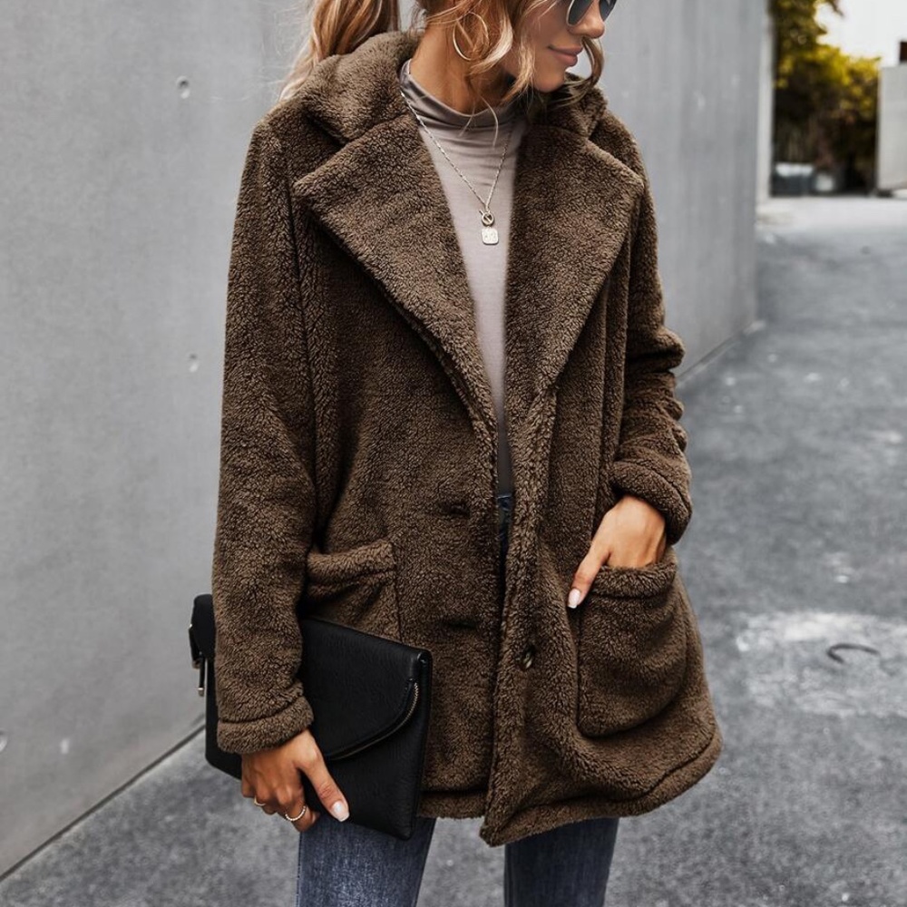 black comfy button pocket teddy trench jacket - Picture 3 of 11